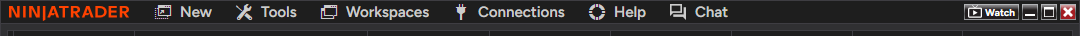 NinjaTrader's Control Center menu bar: New, Tools, Workspaces, Connections, Help