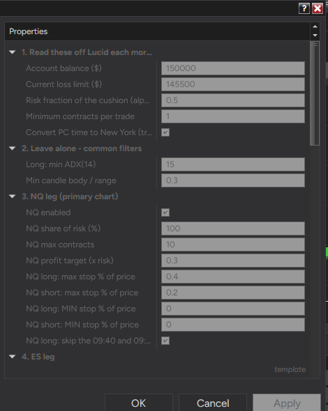The Strategies dialog's properties: Account, Enabled and the order settings