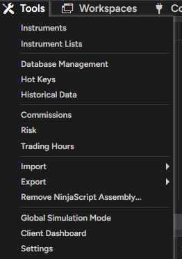 NinjaTrader's Tools menu with Settings at the bottom