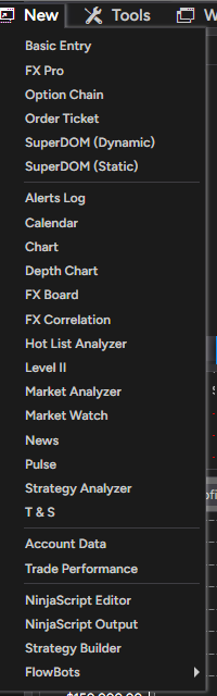 NinjaTrader's New menu with Chart and NinjaScript Editor
