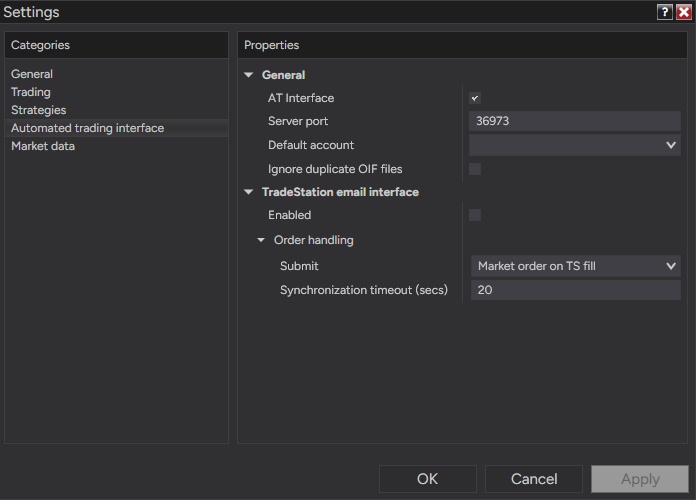 NinjaTrader Settings: Automated trading interface, AT Interface ticked