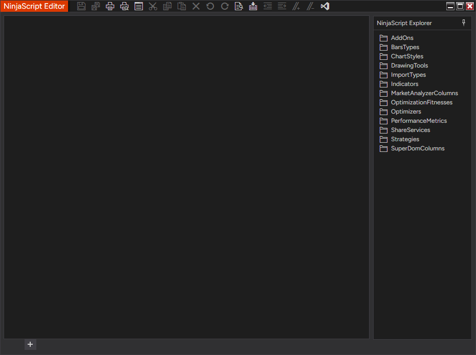 The NinjaScript Editor, empty, with the Indicators and Strategies folders on the right