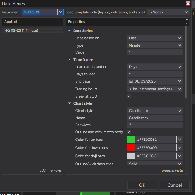 NinjaTrader's Data Series dialog: NQ 09-26, Minute, 1, Days to load