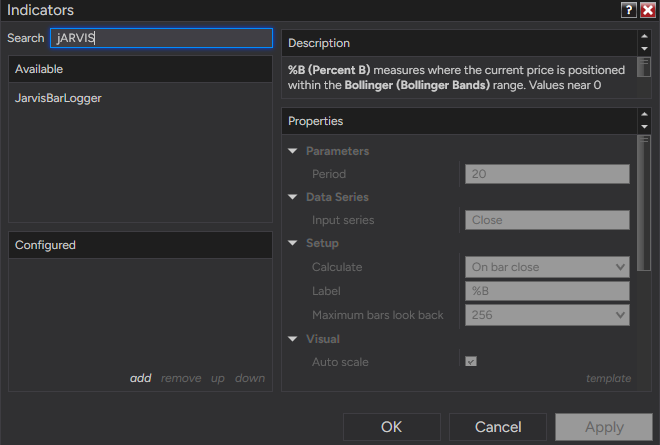 The Indicators dialog with JarvisBarLogger found by the search box