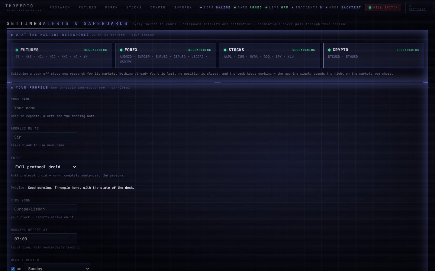 The SETTINGS screen