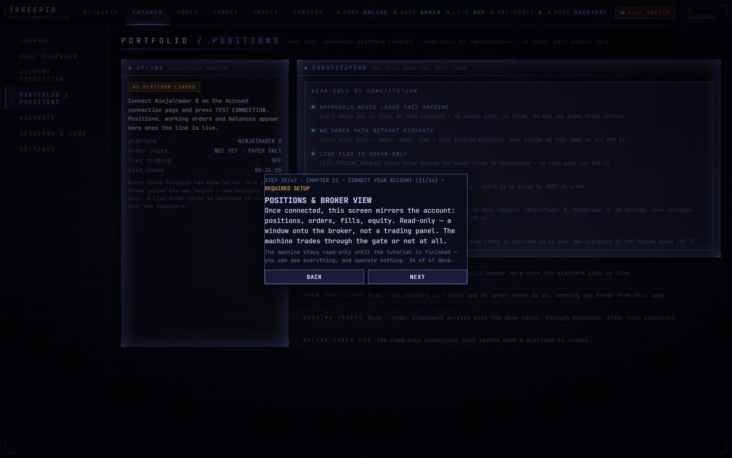 Tutorial card 35 of 47: POSITIONS & BROKER VIEW