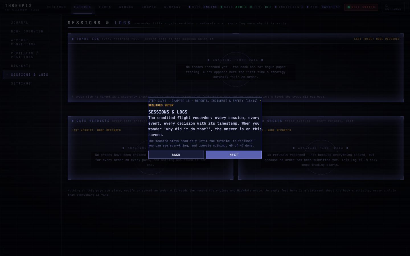 Tutorial card 41 of 47: SESSIONS & LOGS