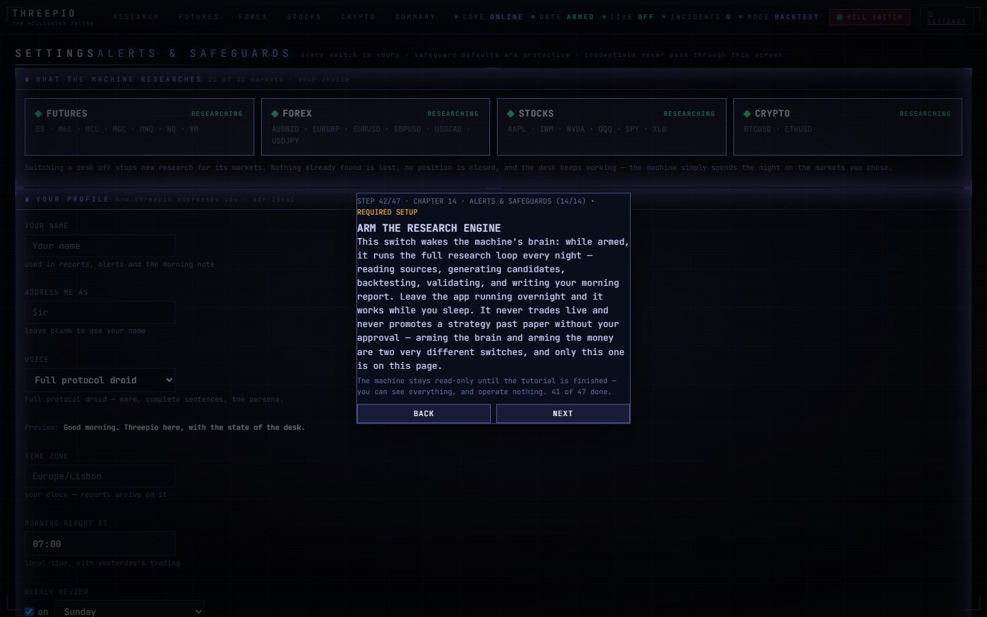 Tutorial card 42 of 47: ARM THE RESEARCH ENGINE