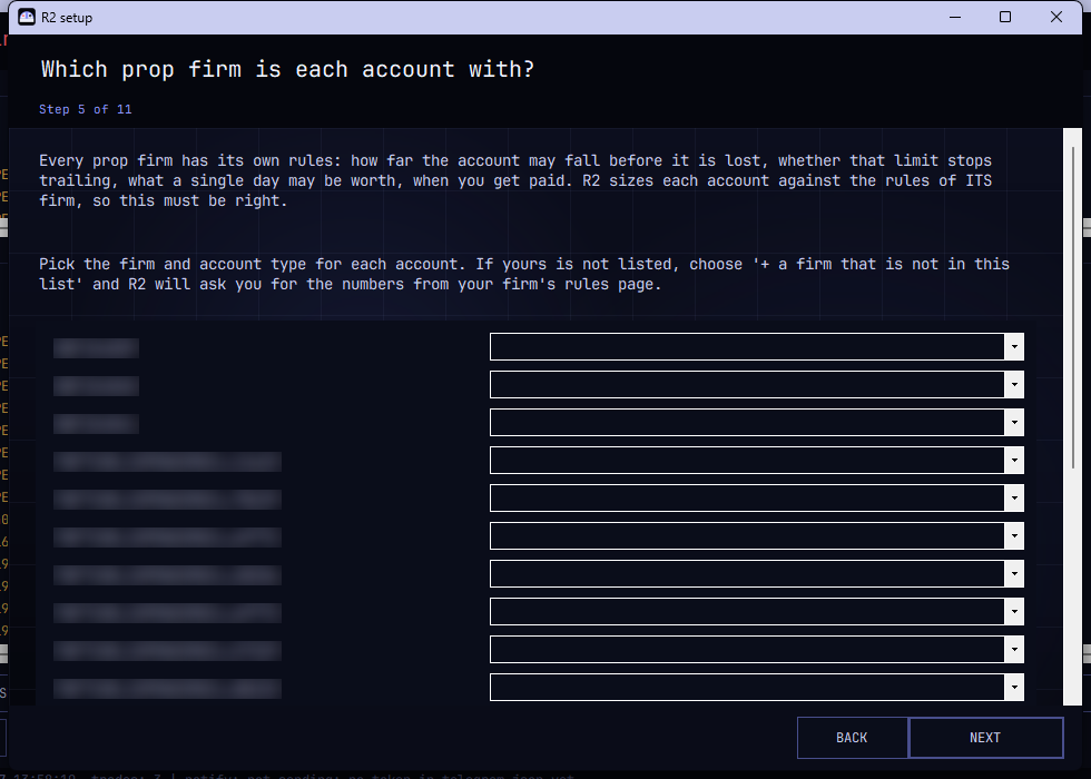 Step 5 - Which prop firm is each account with?